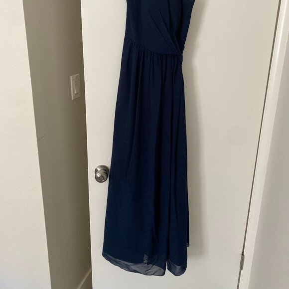Hannah Chiffon Faux Wrap Dress- Navy Blue, Petite Maxi: 41 in waist to hem - Picture 2 of 6